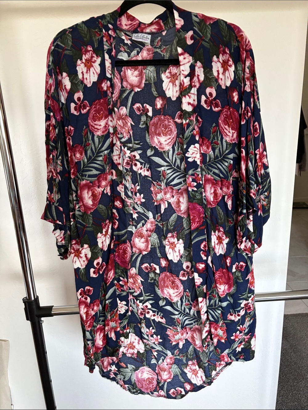 Floral Open-Front Tunic Kimono in Navy and Pink
